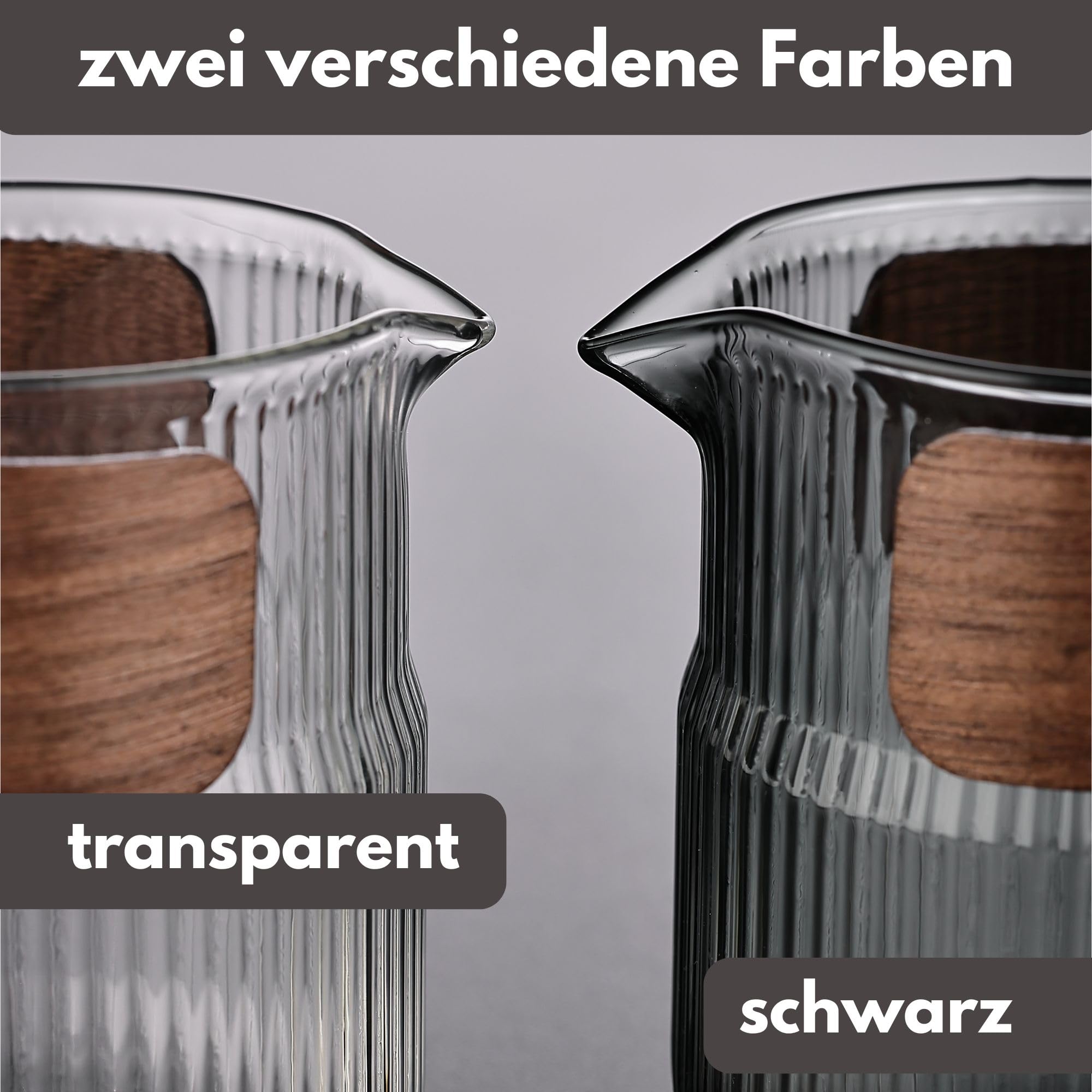 Holzwurm Glass Carafe 1 L - Ribbed Water Carafe with Walnut Wooden Coat, Elegant Water Carafe for Home and Office