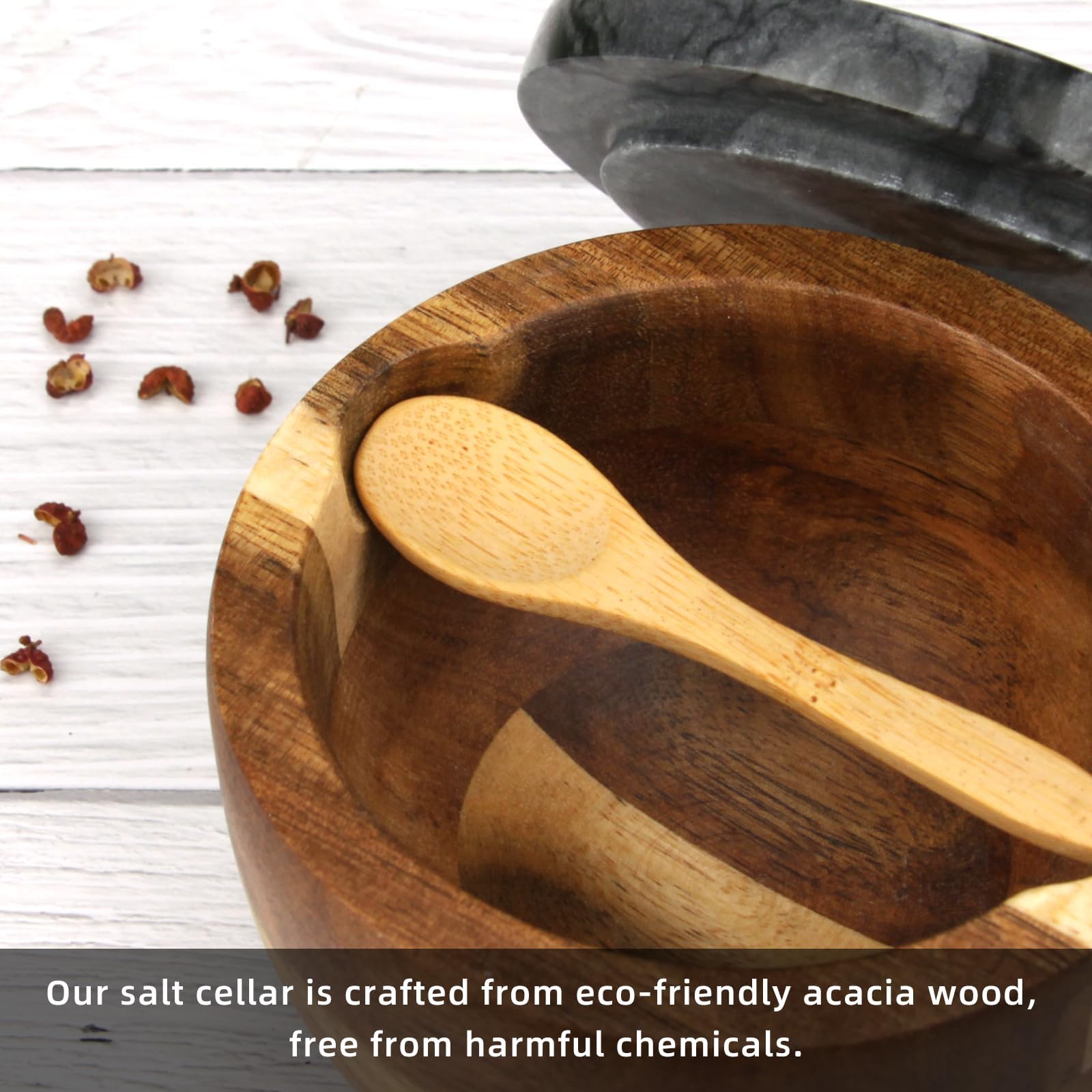 Salzdose Marmor mit Holzdeckel und Löffel Salz- oder Pfefferstreuerschale aus Stein, Salzstreuer, Salzbehälter Gewürzbehälter, Behälter, Behälterhalter, Behälter für die Küche (Schwarze Schüssel)