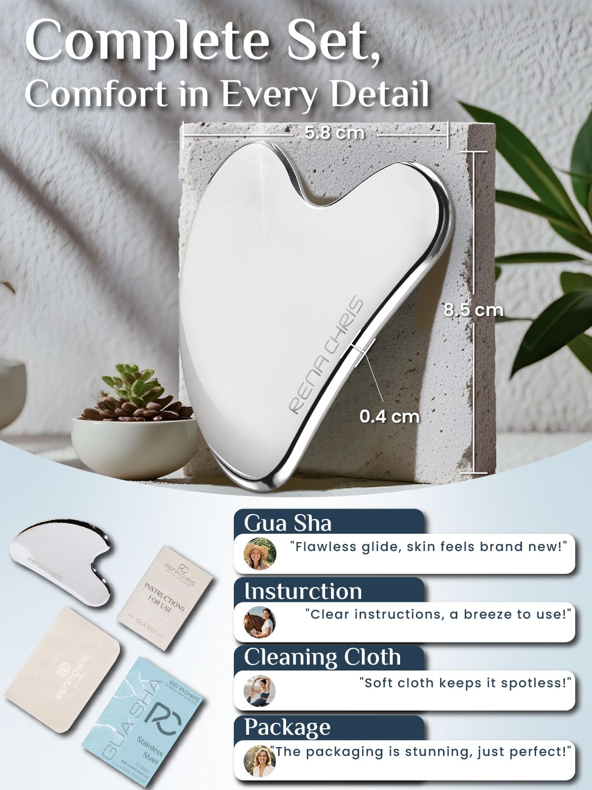 Rena Chris Stainless Steel Gua Sha Stone, Guasha Stone for Jaw Lines Firming and Reducing Face Swelling, Skin Care Gift - Silver