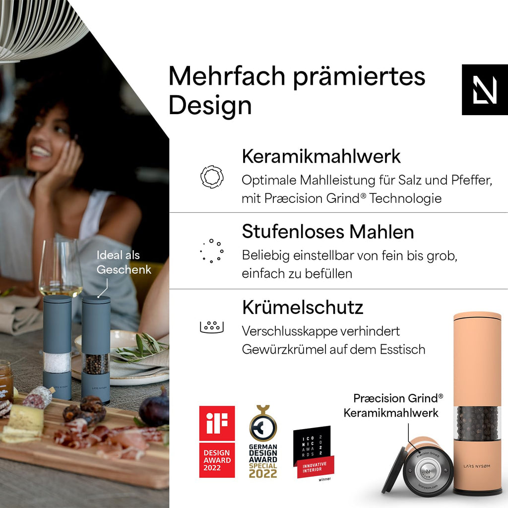 LARS NYSØM Salz und Pfeffermühle Set Manuell mit einstellbarem Keramikmahlwerk I Edelstahl Pfeffermühle und Salzmühle I Design Gewürzmühlen Set (2 Stück) (Carbon Black)
