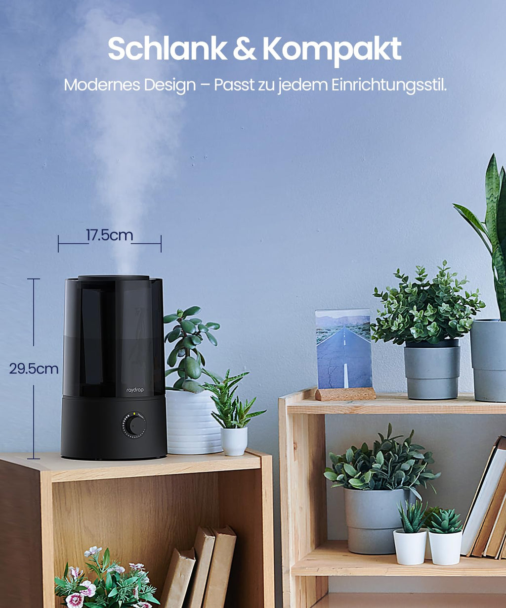 raydrop Humidifier for Bedroom & Children's Room, 1.7 L Quiet & Space-Saving Ultrasonic Room Humidifier for Baby & Plants, Easy to Use & Easy to Clean, Automatic Shut-Off