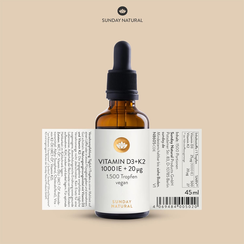 SUNDAY NATURAL Vitamin D3 K2 Drops High Dose - Vegan - Premium Vitamin D 3 1,000 IU + K2-MK7 ≥99.8% All-Trans 20µg - Optimal Bioavailability, No Other Additives, Laboratory Tested