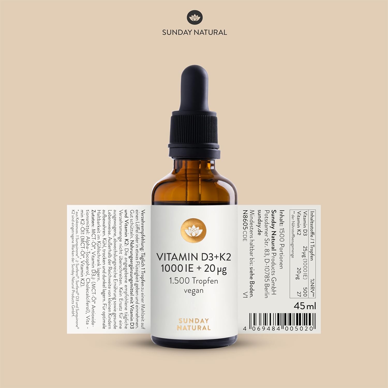 SUNDAY NATURAL Vitamin D3 K2 Drops High Dose - Vegan - Premium Vitamin D 3 1,000 IU + K2-MK7 ≥99.8% All-Trans 20µg - Optimal Bioavailability, No Other Additives, Laboratory Tested