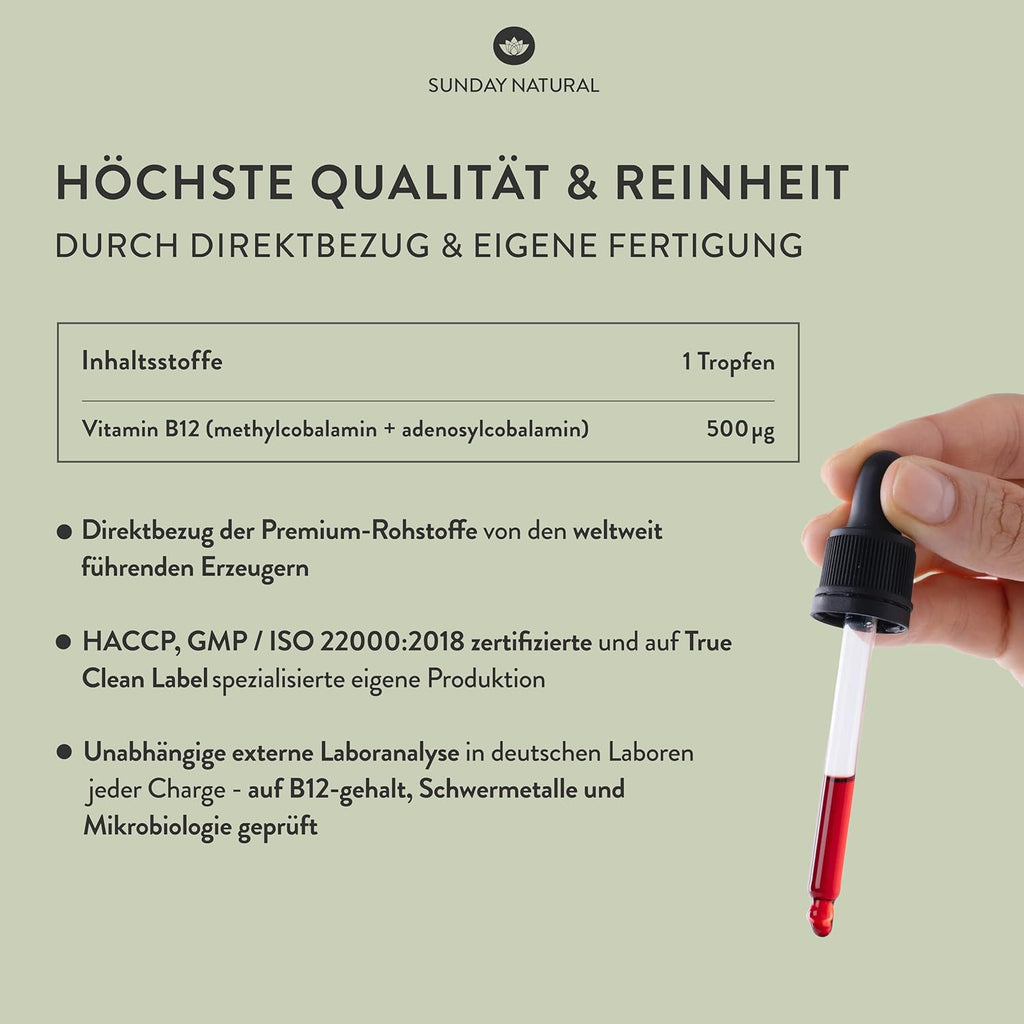 SUNDAY NATURAL® Vitamin B12 hochdosiert - 500 µg pro Vitamin B12 Tropfen – Bioaktive Formen B12 Methylcobalamin + Adenosylcobalamin – 900 Tropfen – Laborgeprüft, vegan, ohne unnötige Zusätze