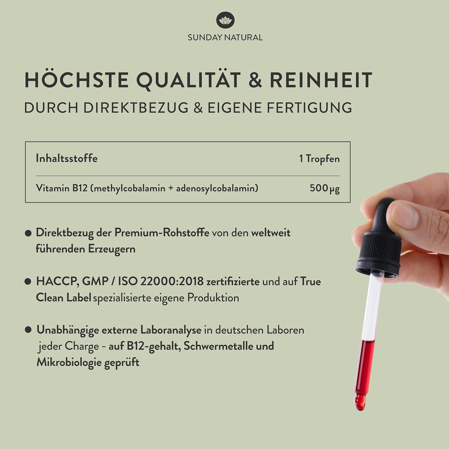 SUNDAY NATURAL® Vitamin B12 hochdosiert - 500 µg pro Vitamin B12 Tropfen – Bioaktive Formen B12 Methylcobalamin + Adenosylcobalamin – 900 Tropfen – Laborgeprüft, vegan, ohne unnötige Zusätze