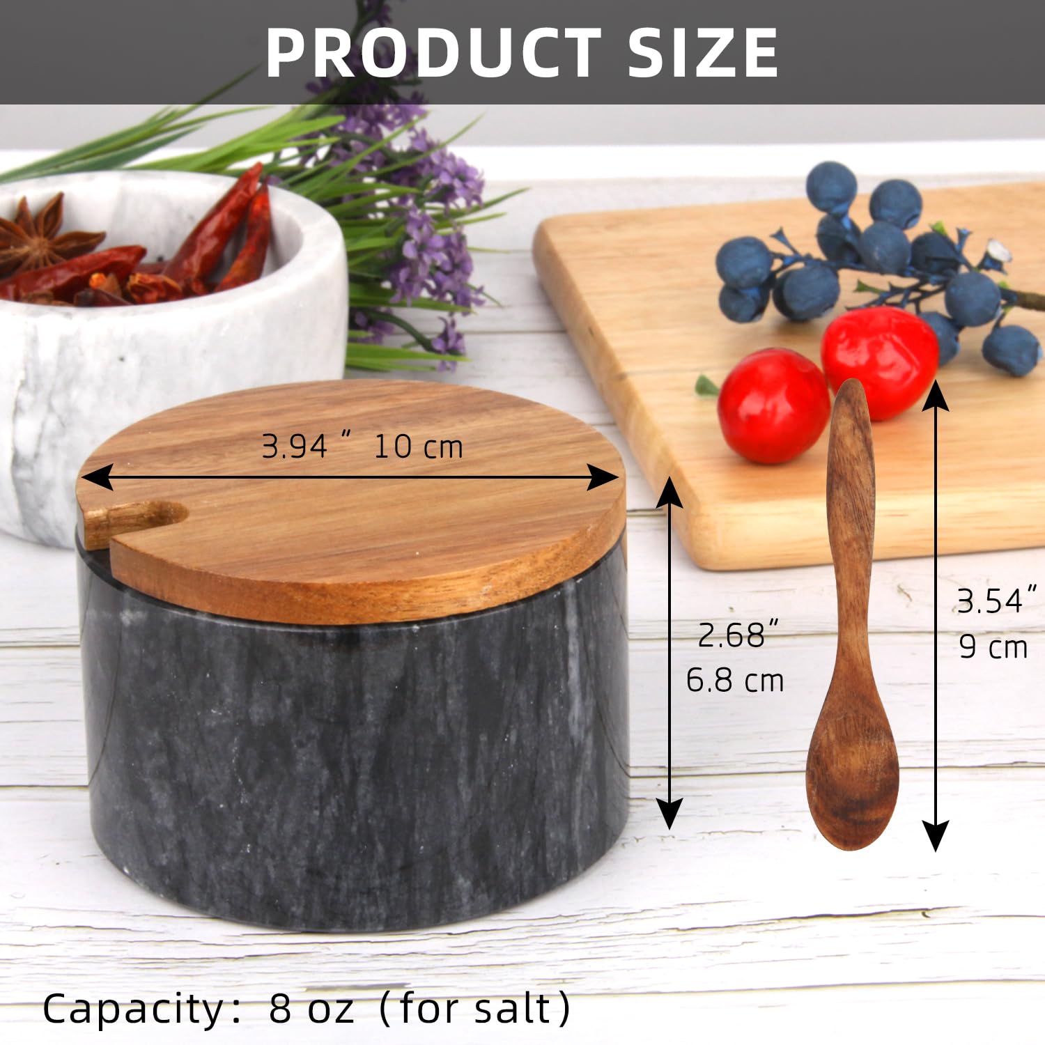 Salzdose Marmor mit Holzdeckel und Löffel Salz- oder Pfefferstreuerschale aus Stein, Salzstreuer, Salzbehälter Gewürzbehälter, Behälter, Behälterhalter, Behälter für die Küche (Schwarze Schüssel)