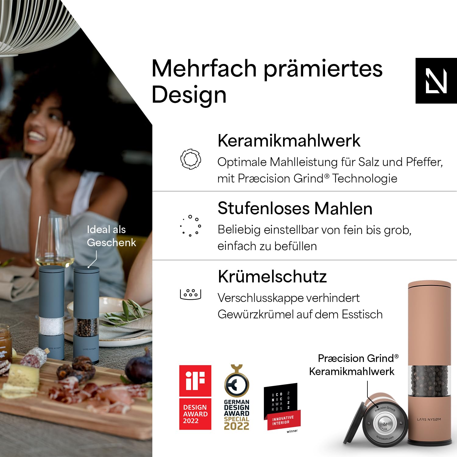 LARS NYSØM Salz und Pfeffermühle Set Manuell mit einstellbarem Keramikmahlwerk I Edelstahl Pfeffermühle und Salzmühle I Design Gewürzmühlen Set (2 Stück) (Carbon Black)