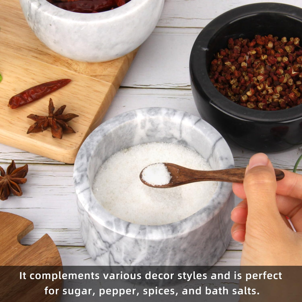 Salzdose Marmor mit Holzdeckel und Löffel Salz- oder Pfefferstreuerschale aus Stein, Salzstreuer, Salzbehälter Gewürzbehälter, Behälter, Behälterhalter, Behälter für die Küche (Schwarze Schüssel)