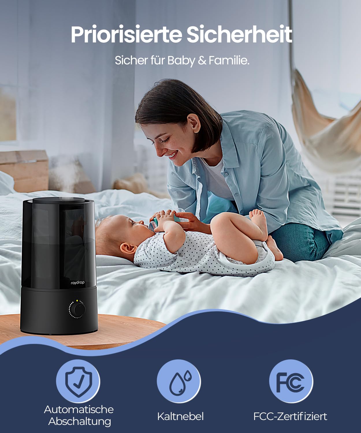 raydrop Humidifier for Bedroom & Children's Room, 1.7 L Quiet & Space-Saving Ultrasonic Room Humidifier for Baby & Plants, Easy to Use & Easy to Clean, Automatic Shut-Off