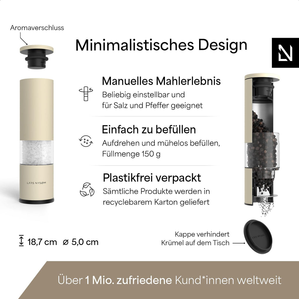 LARS NYSØM Salz und Pfeffermühle Set Manuell mit einstellbarem Keramikmahlwerk I Edelstahl Pfeffermühle und Salzmühle I Design Gewürzmühlen Set (2 Stück) (Carbon Black)