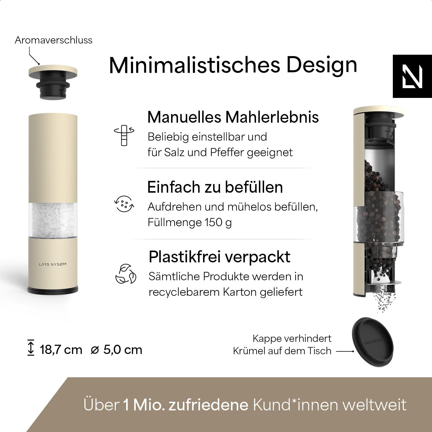 LARS NYSØM Salz und Pfeffermühle Set Manuell mit einstellbarem Keramikmahlwerk I Edelstahl Pfeffermühle und Salzmühle I Design Gewürzmühlen Set (2 Stück) (Carbon Black)