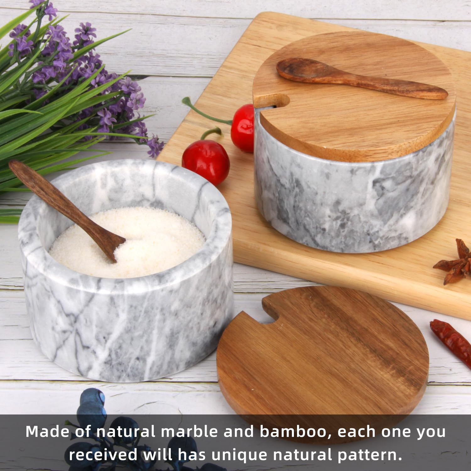 Salzdose Marmor mit Holzdeckel und Löffel Salz- oder Pfefferstreuerschale aus Stein, Salzstreuer, Salzbehälter Gewürzbehälter, Behälter, Behälterhalter, Behälter für die Küche (Schwarze Schüssel)