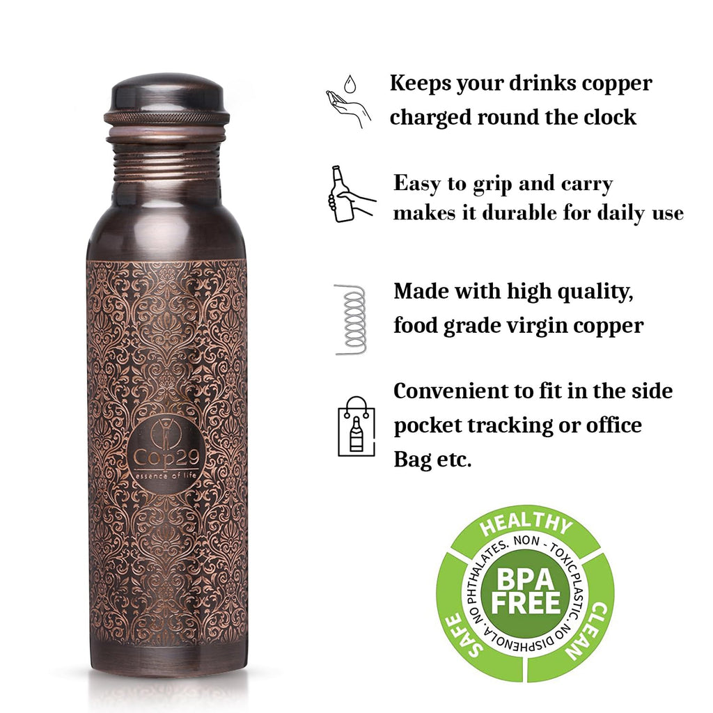 Cop29 handgefertigt graviert Premium Design reines Kupfer Tulpe antike Wasserflasche : Fugenfrei & Auslaufsicher -900ml/30oz