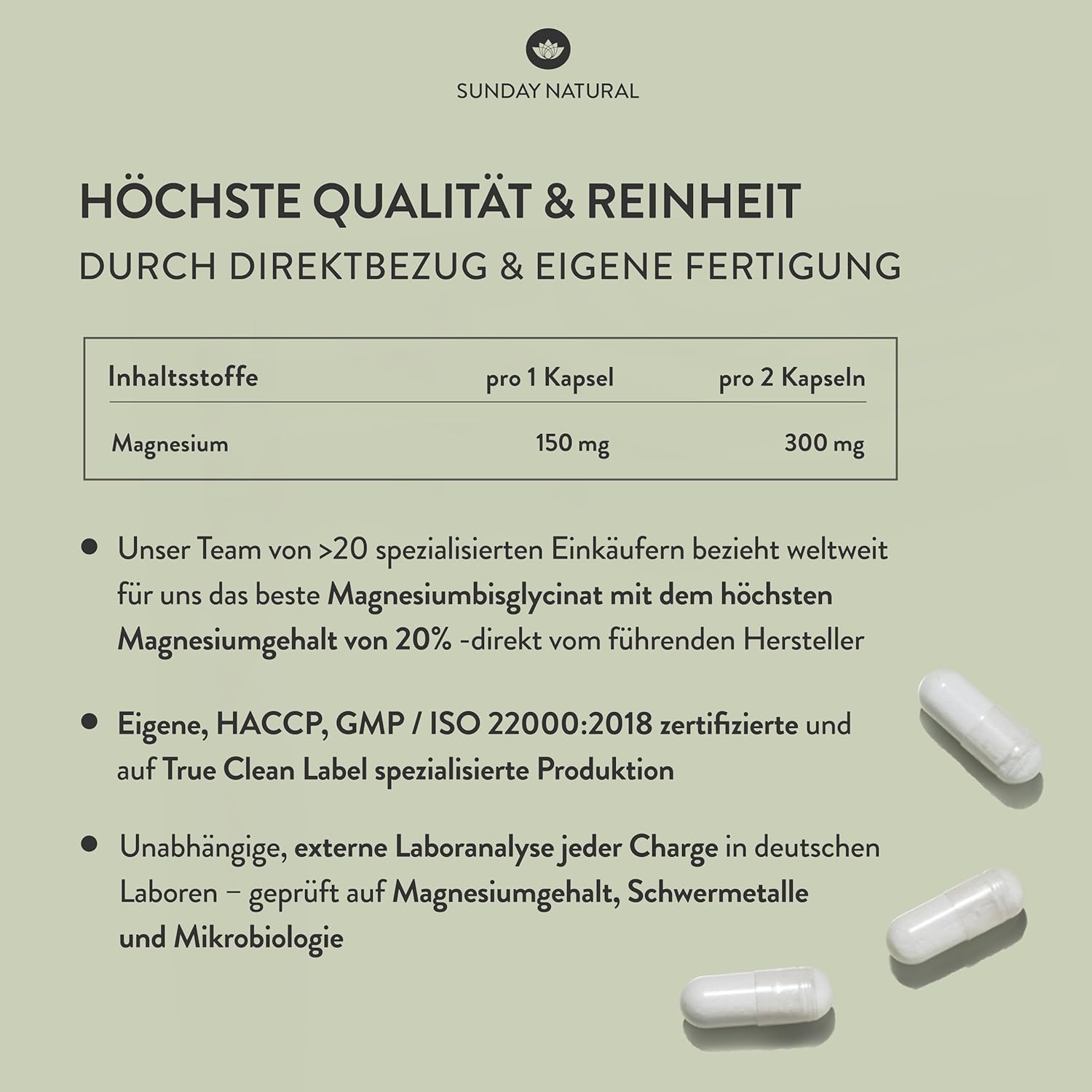 SUNDAY NATURAL® Magnesium Bisglycinat - 240 Kapseln - 300mg reines Magnesium pro Tagesdosis, Hochdosiert - Depot Magnesiumglycinat als organisches Aminosäurechelat - Laborgeprüft, vegan