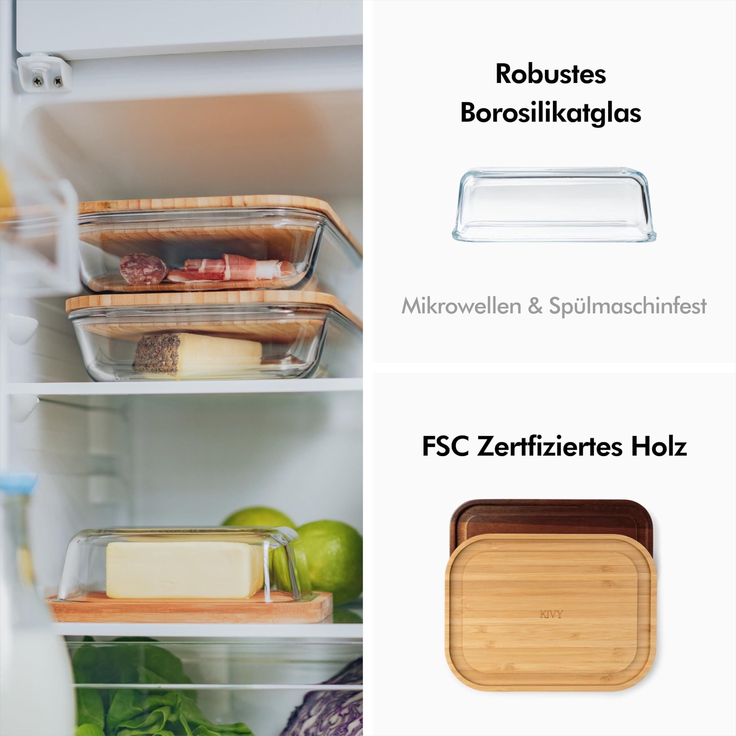 KIVY Butter Dish Glass with Airtight Lid for Smooth Butter - BPA Free - Butter Dishes - Butter Dish - Butter Dish with Lid - Butter Dish with Lid - Butter Box Tin - Butter Box Acacia Wood