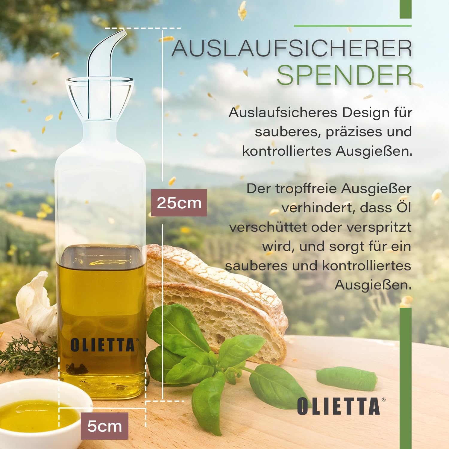Olietta Ölflasche Tropf- und auslaufsichere aus Glas 500 ml Olivenöl Flasche mit Ausgießer - Ölspender zum Ausgießen & Träufeln - Leicht zu reinigen - Öl Dosierflasche
