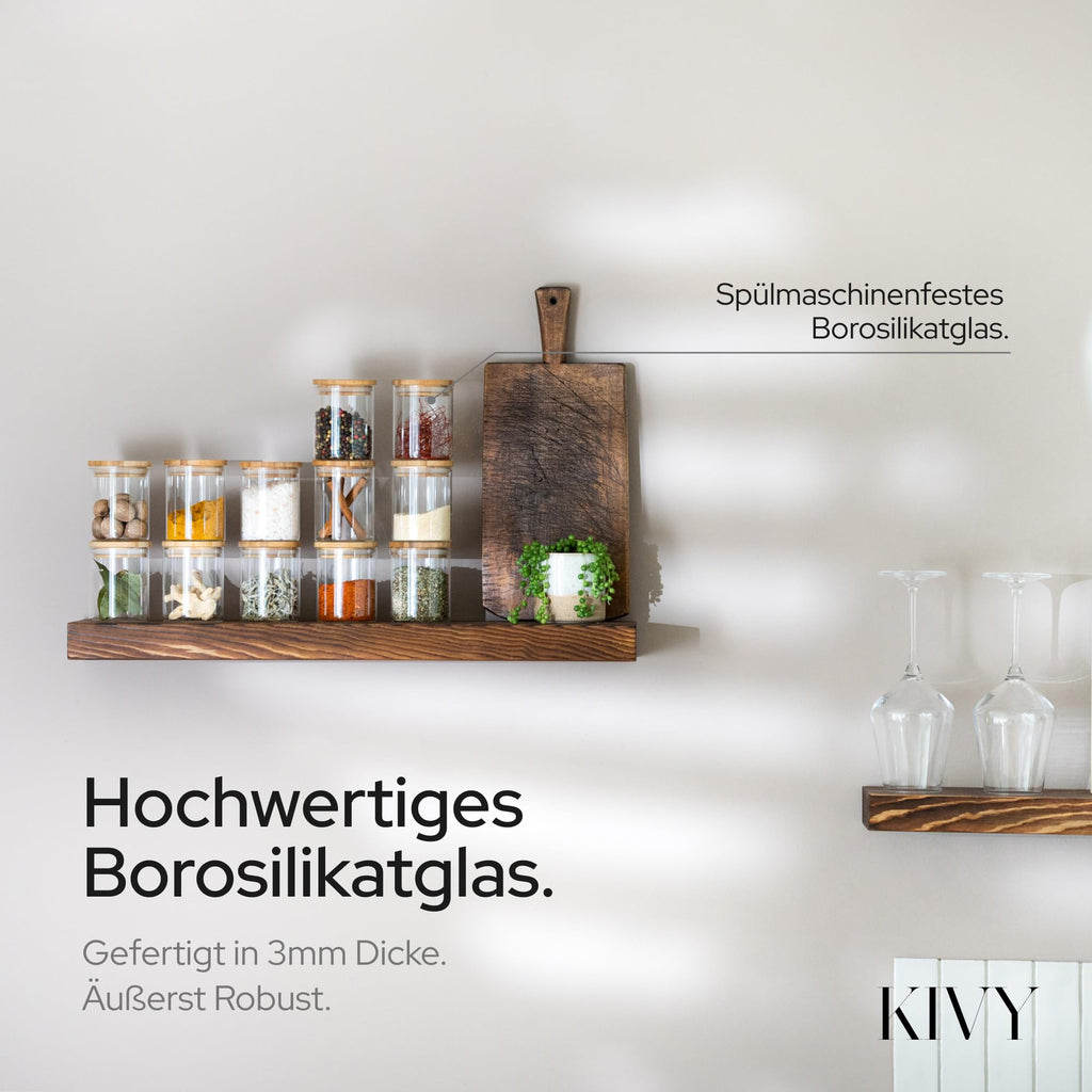 KIVY Vorratsgläser mit Deckel Luftdicht [4x 1200ml] - Vorratsdosen Glas mit Deckel - Glasbehälter mit Deckel - Müsli Aufbewahrung Küche - Vorratsglas mit Holzdeckel - Vorratsbehälter Glas Bambus