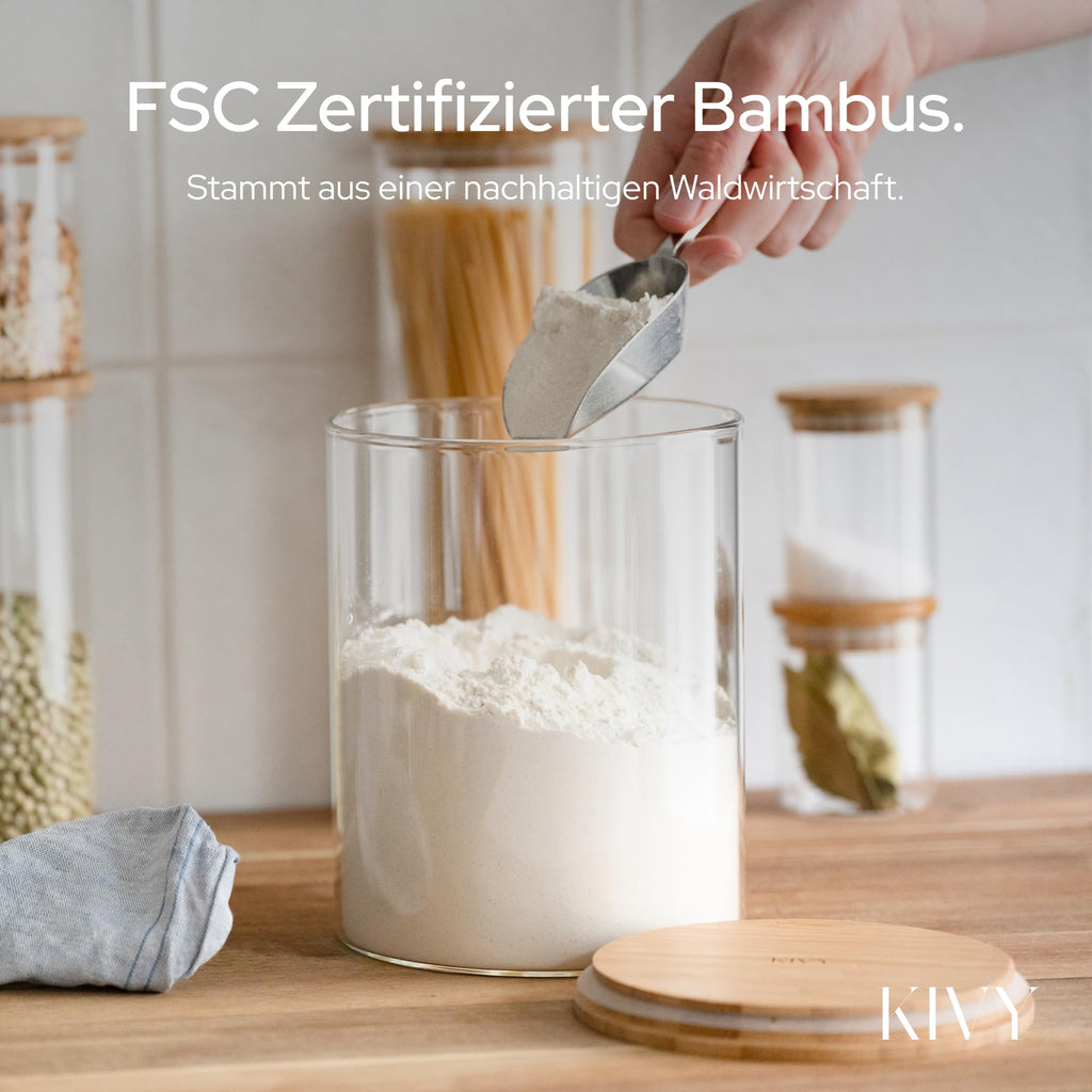 KIVY Vorratsgläser mit Deckel Luftdicht [4x 1200ml] - Vorratsdosen Glas mit Deckel - Glasbehälter mit Deckel - Müsli Aufbewahrung Küche - Vorratsglas mit Holzdeckel - Vorratsbehälter Glas Bambus