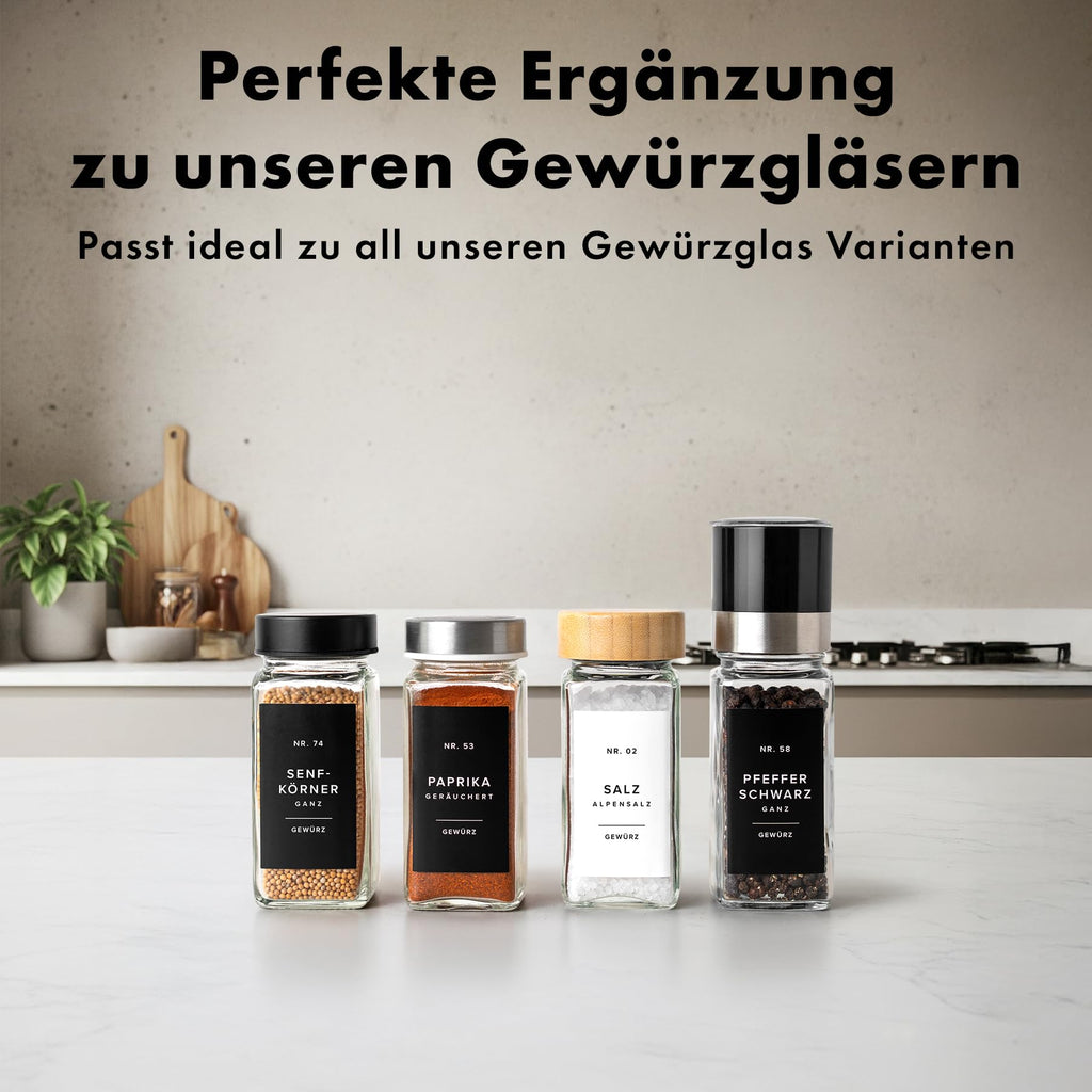 Square Spice Jars Set with Bamboo Lid (24 x 120 ml) Spice Shaker with Shaker Insert and 240 Labels White - Wooden Lid Spice Containers, Spice Jars, Spice Organiser [11 cm x 4.5 cm]