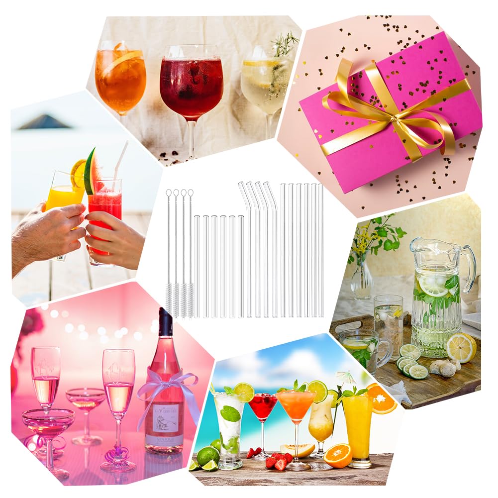 AOTWAN Glas Strohhalme Wiederverwendbar 20 Stück Glasstrohhalme, 6 Kurz + 6 Lange Geraden Glas-Strohhalme, 4 gebogenem Trinkhalme mit 4 Reinigungsbürsten für Cocktails, Smoothie und Säfte