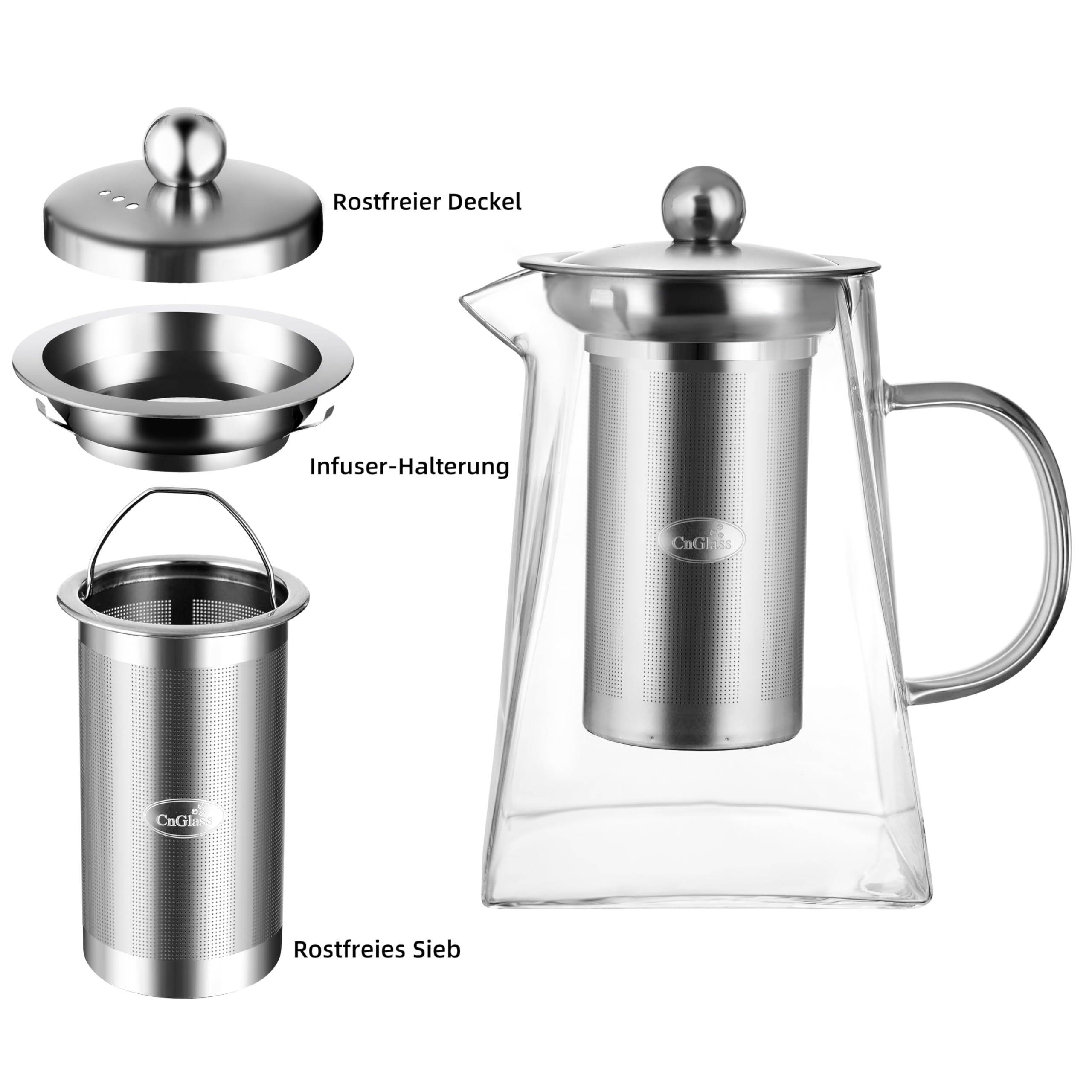 CNGLASS 1100ml/37.5oz Glas-Teekanne mit Infuser,Klarglas-Teekessel mit abnehmbarem Edelstahlsieb,Herdfeste Glas-Teekanne für blühenden und losen Blatttee
