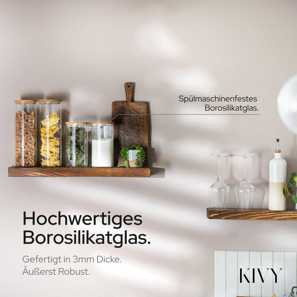 KIVY Vorratsgläser mit Deckel Luftdicht [4x 1200ml] - Vorratsdosen Glas mit Deckel - Glasbehälter mit Deckel - Müsli Aufbewahrung Küche - Vorratsglas mit Holzdeckel - Vorratsbehälter Glas Bambus