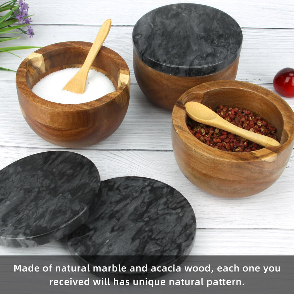 Salzdose Marmor mit Holzdeckel und Löffel Salz- oder Pfefferstreuerschale aus Stein, Salzstreuer, Salzbehälter Gewürzbehälter, Behälter, Behälterhalter, Behälter für die Küche (Schwarze Schüssel)