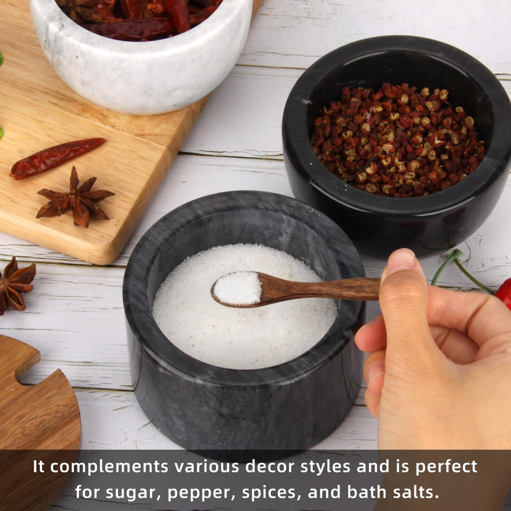 Salzdose Marmor mit Holzdeckel und Löffel Salz- oder Pfefferstreuerschale aus Stein, Salzstreuer, Salzbehälter Gewürzbehälter, Behälter, Behälterhalter, Behälter für die Küche (Schwarze Schüssel)