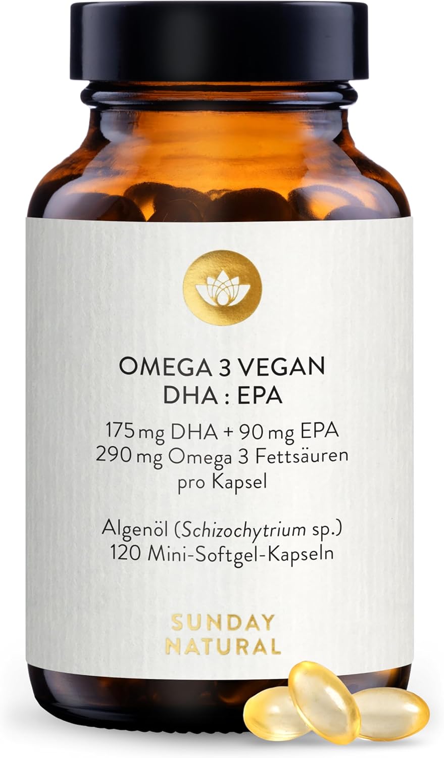 SUNDAY NATURAL® Omega 3 Vegan - 120 Softgel Kapseln - 1.000 mg Algenöl pro Tagesdosis: 350 mg DHA und 180 mg EPA - Leicht schluckbare Omega 3 Kapseln hochdosiert - Laborgeprüft