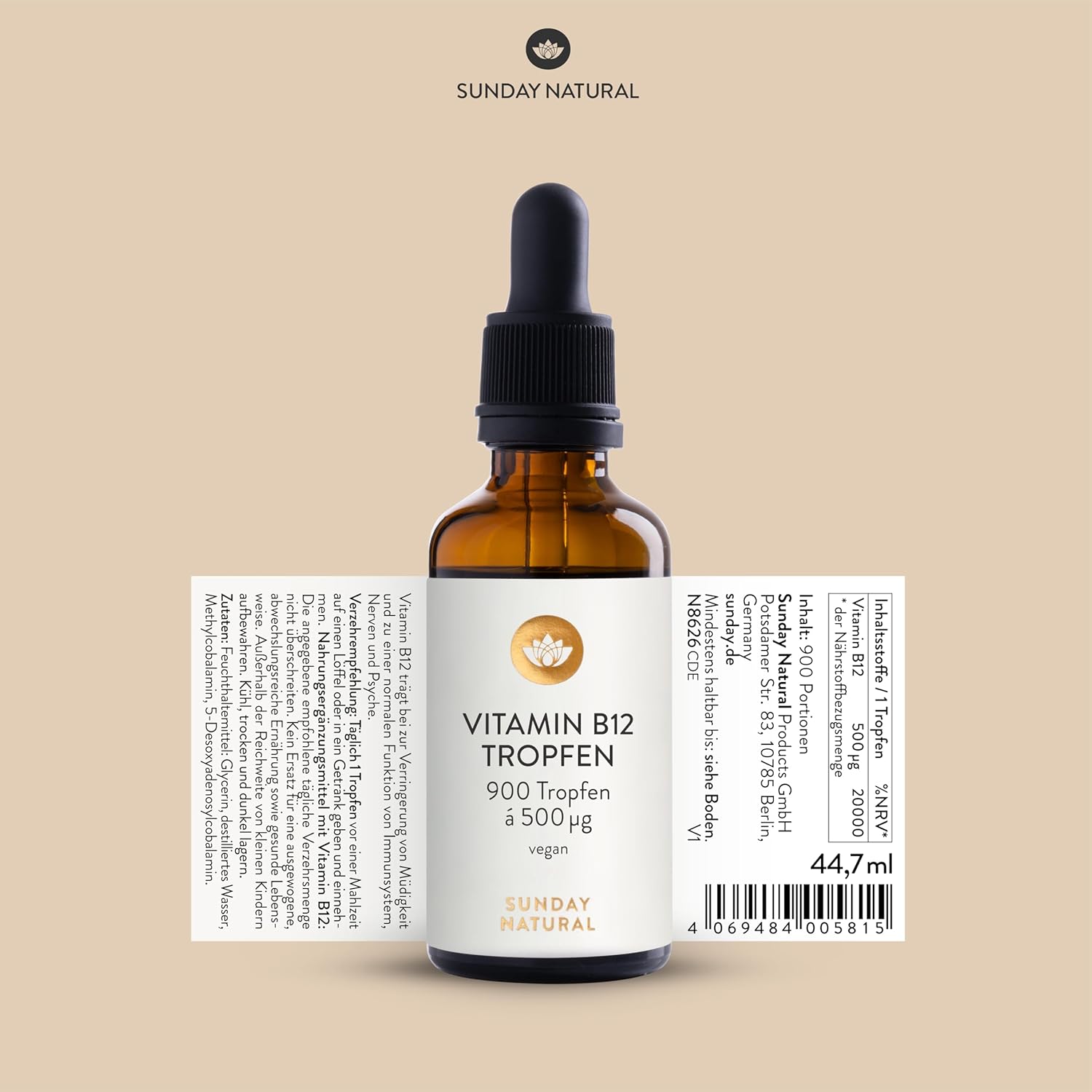 SUNDAY NATURAL® Vitamin B12 hochdosiert - 500 µg pro Vitamin B12 Tropfen – Bioaktive Formen B12 Methylcobalamin + Adenosylcobalamin – 900 Tropfen – Laborgeprüft, vegan, ohne unnötige Zusätze