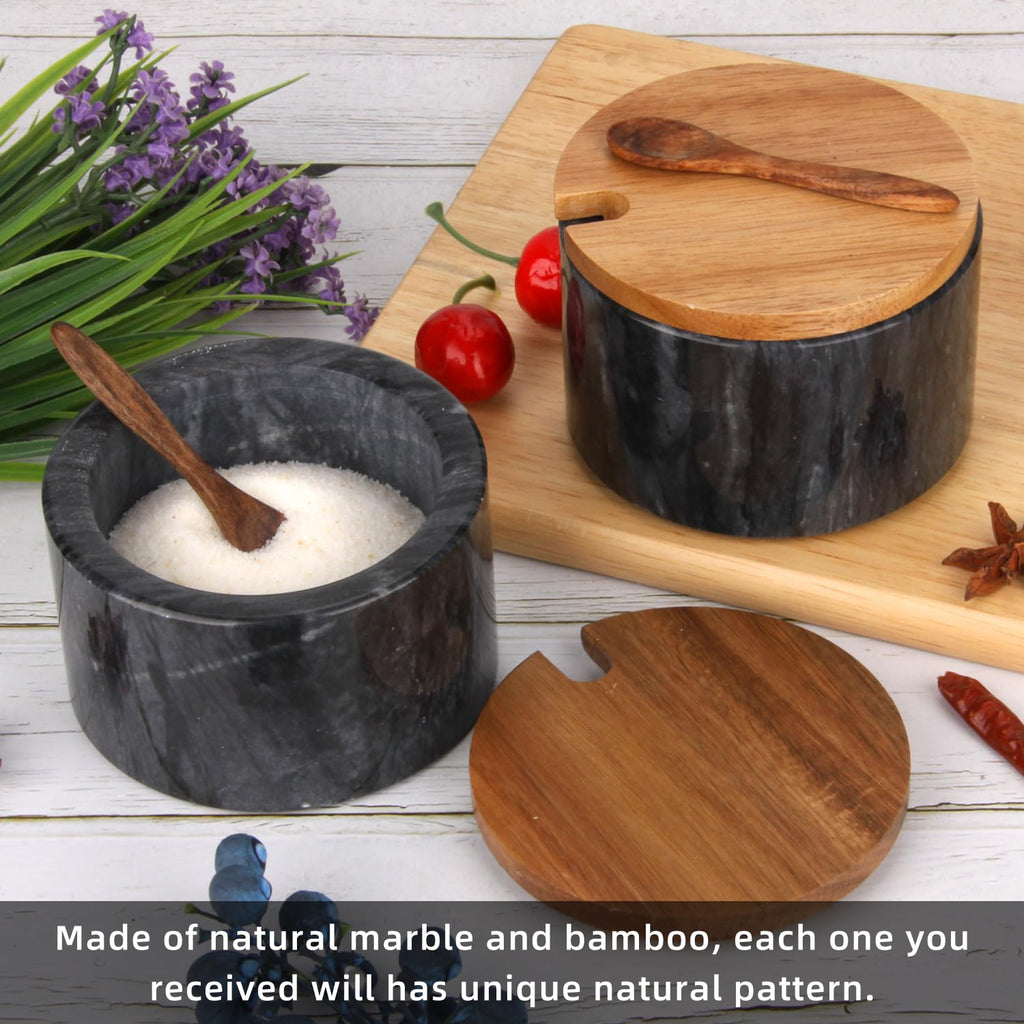 Salzdose Marmor mit Holzdeckel und Löffel Salz- oder Pfefferstreuerschale aus Stein, Salzstreuer, Salzbehälter Gewürzbehälter, Behälter, Behälterhalter, Behälter für die Küche (Schwarze Schüssel)