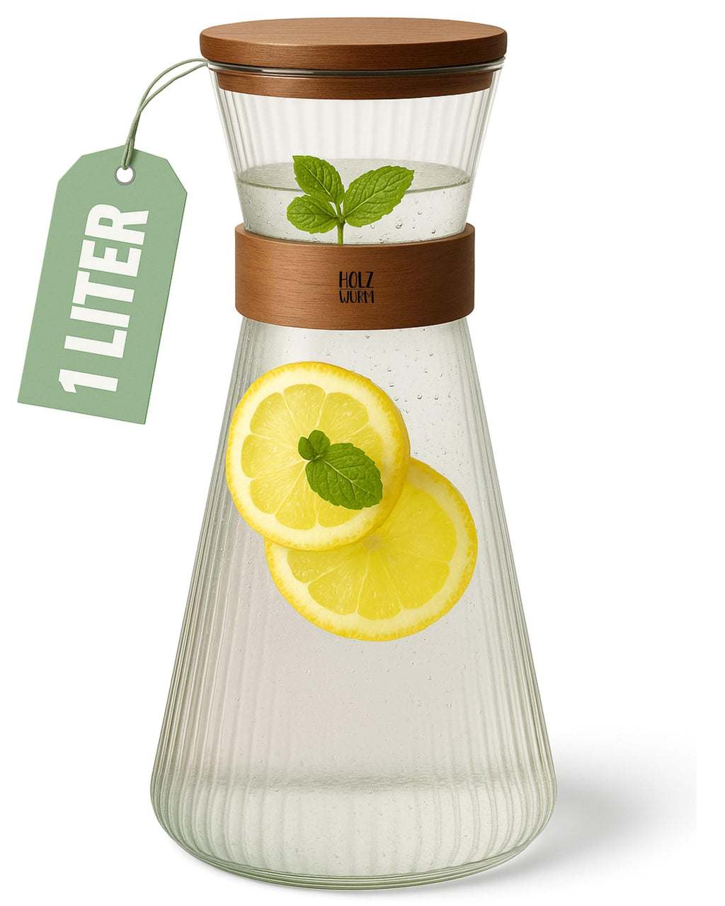 Holzwurm Glass Carafe 1 L - Ribbed Water Carafe with Walnut Wooden Coat, Elegant Water Carafe for Home and Office