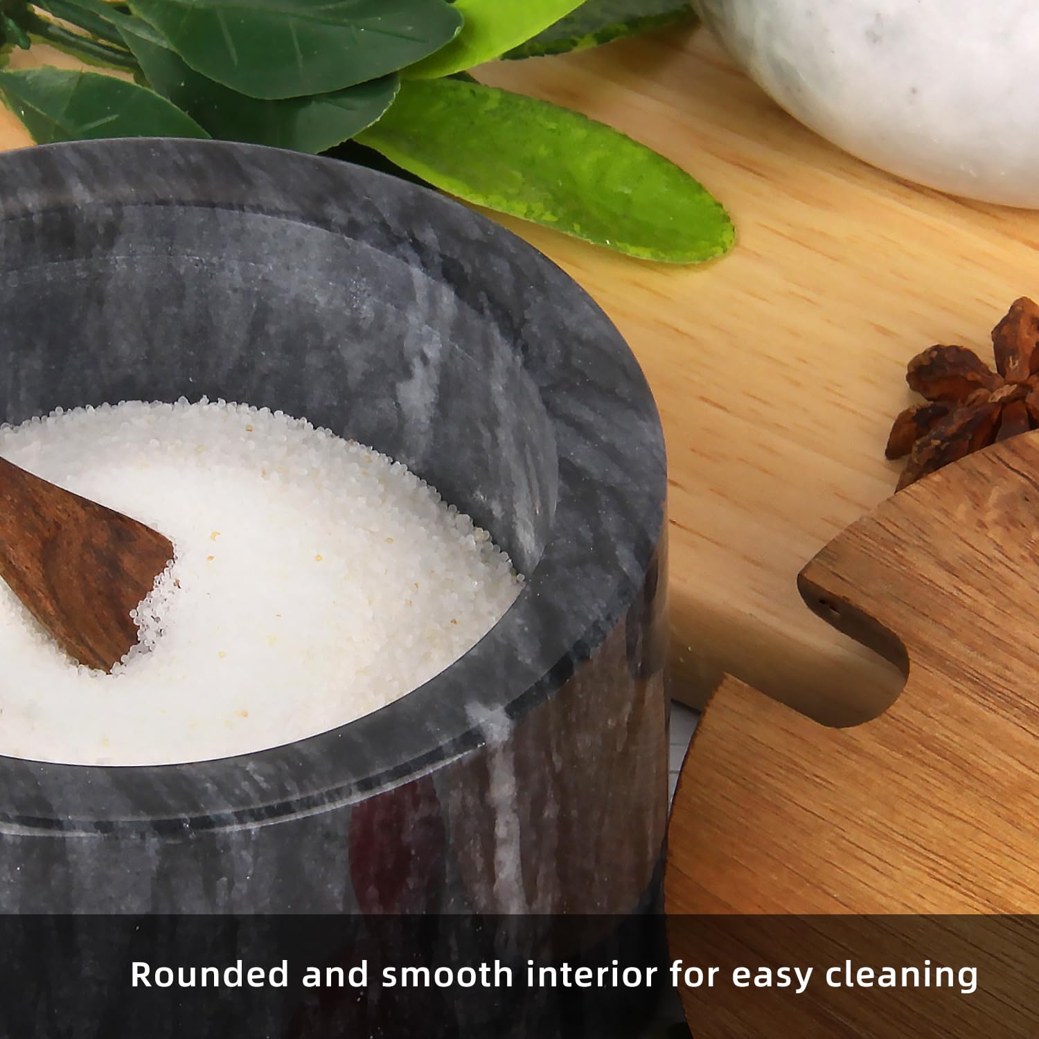 Salzdose Marmor mit Holzdeckel und Löffel Salz- oder Pfefferstreuerschale aus Stein, Salzstreuer, Salzbehälter Gewürzbehälter, Behälter, Behälterhalter, Behälter für die Küche (Schwarze Schüssel)