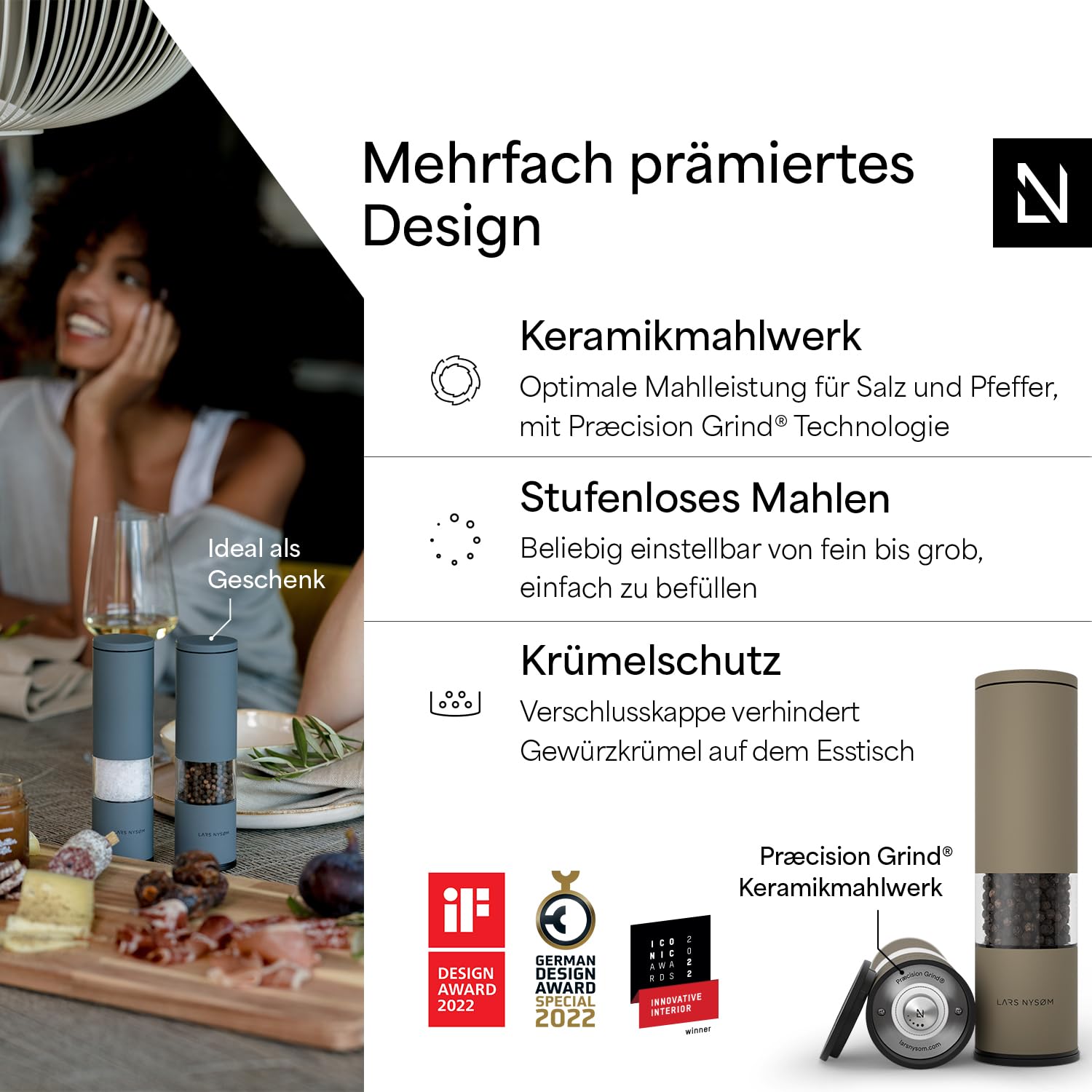 LARS NYSØM Salz und Pfeffermühle Set Manuell mit einstellbarem Keramikmahlwerk I Edelstahl Pfeffermühle und Salzmühle I Design Gewürzmühlen Set (2 Stück) (Carbon Black)