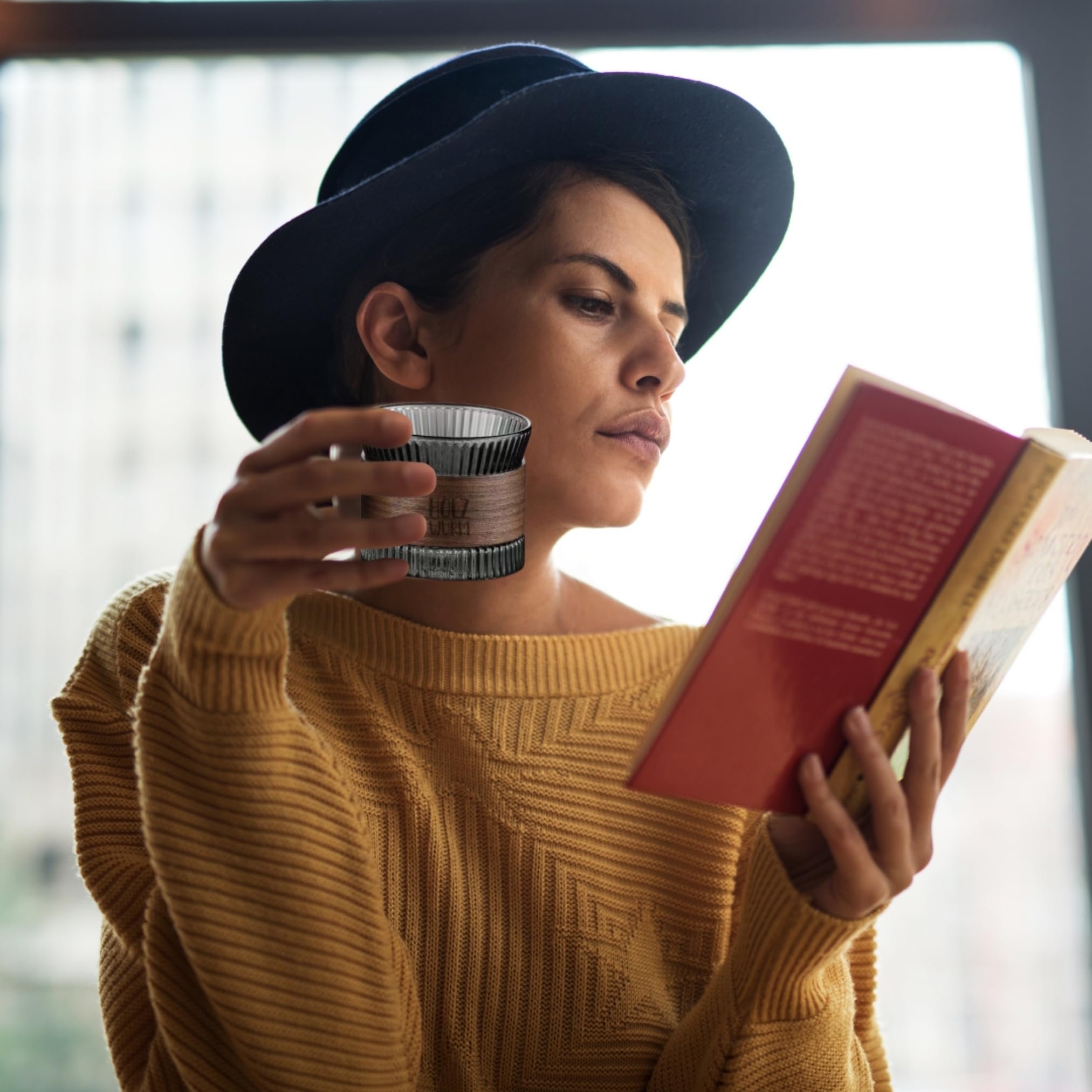 Holzwurm Glass Carafe 1 L - Ribbed Water Carafe with Walnut Wooden Coat, Elegant Water Carafe for Home and Office