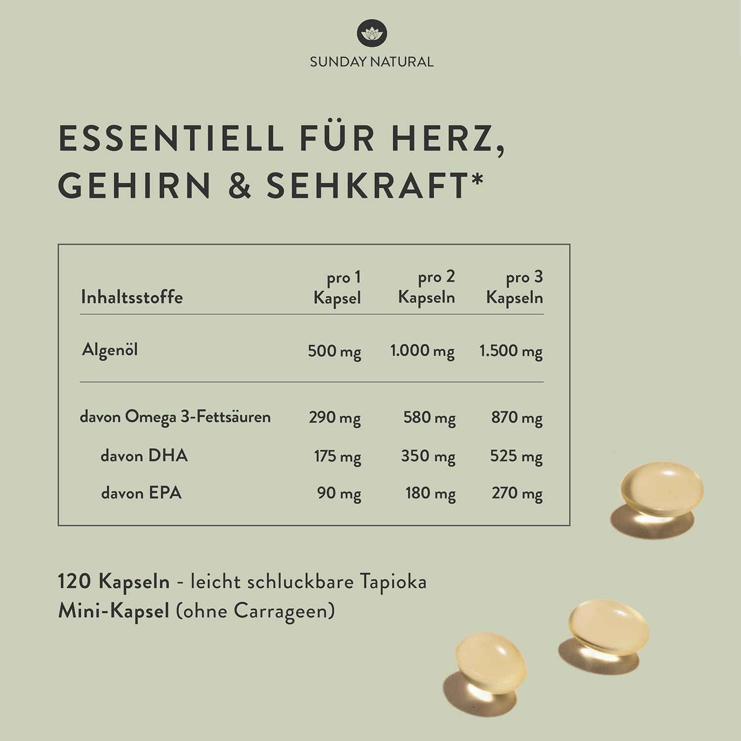 SUNDAY NATURAL® Omega 3 Vegan - 120 Softgel Kapseln - 1.000 mg Algenöl pro Tagesdosis: 350 mg DHA und 180 mg EPA - Leicht schluckbare Omega 3 Kapseln hochdosiert - Laborgeprüft