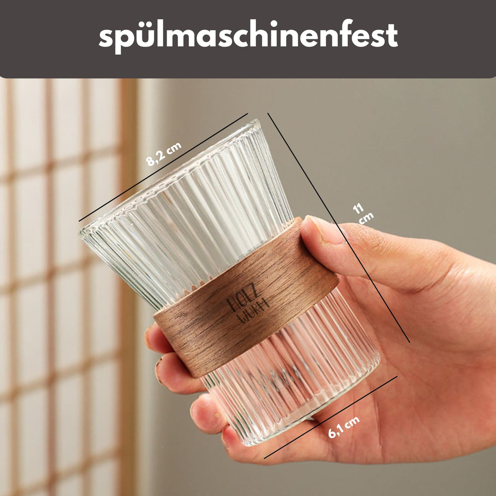 Holzwurm Glass Carafe 1 L - Ribbed Water Carafe with Walnut Wooden Coat, Elegant Water Carafe for Home and Office