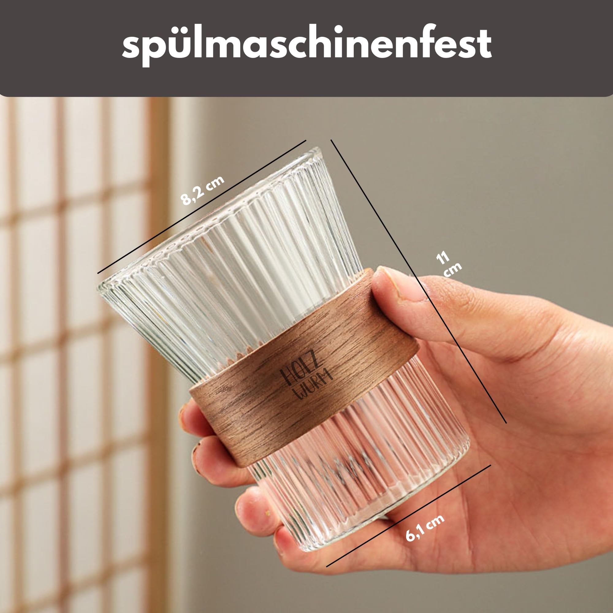 Holzwurm Glass Carafe 1 L - Ribbed Water Carafe with Walnut Wooden Coat, Elegant Water Carafe for Home and Office