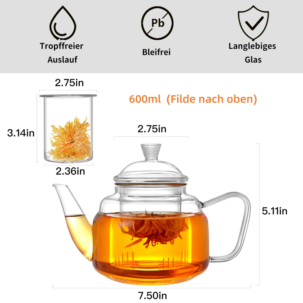 CNGLASS 1100ml/37.5oz Glas-Teekanne mit Infuser,Klarglas-Teekessel mit abnehmbarem Edelstahlsieb,Herdfeste Glas-Teekanne für blühenden und losen Blatttee