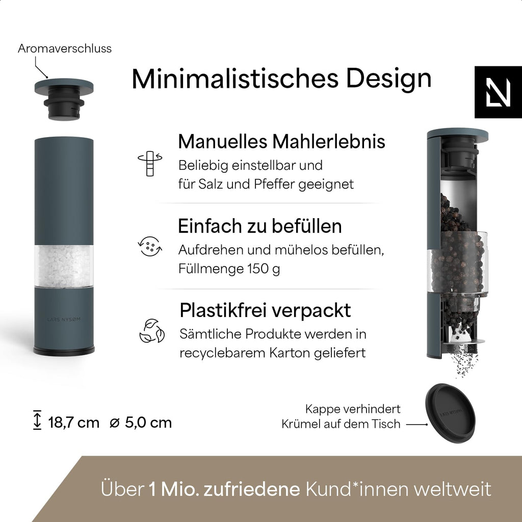 LARS NYSØM Salz und Pfeffermühle Set Manuell mit einstellbarem Keramikmahlwerk I Edelstahl Pfeffermühle und Salzmühle I Design Gewürzmühlen Set (2 Stück) (Carbon Black)