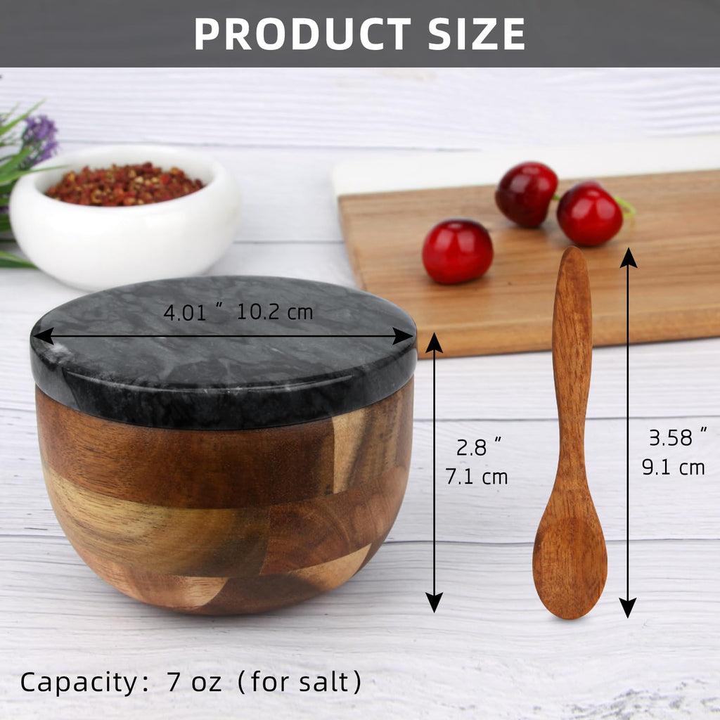 Salzdose Marmor mit Holzdeckel und Löffel Salz- oder Pfefferstreuerschale aus Stein, Salzstreuer, Salzbehälter Gewürzbehälter, Behälter, Behälterhalter, Behälter für die Küche (Schwarze Schüssel)