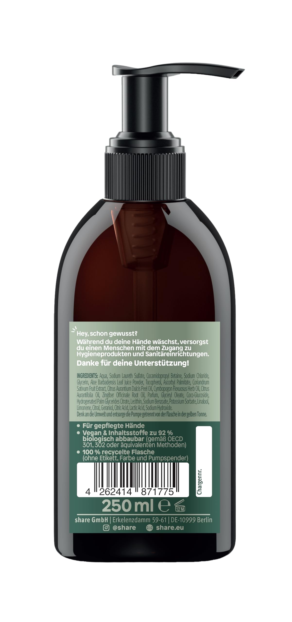 share Flüssigseife Patschuli 250 ml – Seife spendet ein Hygieneprodukt an einen Menschen in Not – vegane Handseife im Seifenspender