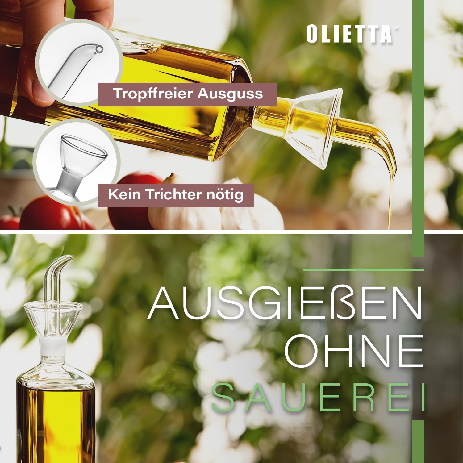 Olietta Ölflasche Tropf- und auslaufsichere aus Glas 500 ml Olivenöl Flasche mit Ausgießer - Ölspender zum Ausgießen & Träufeln - Leicht zu reinigen - Öl Dosierflasche