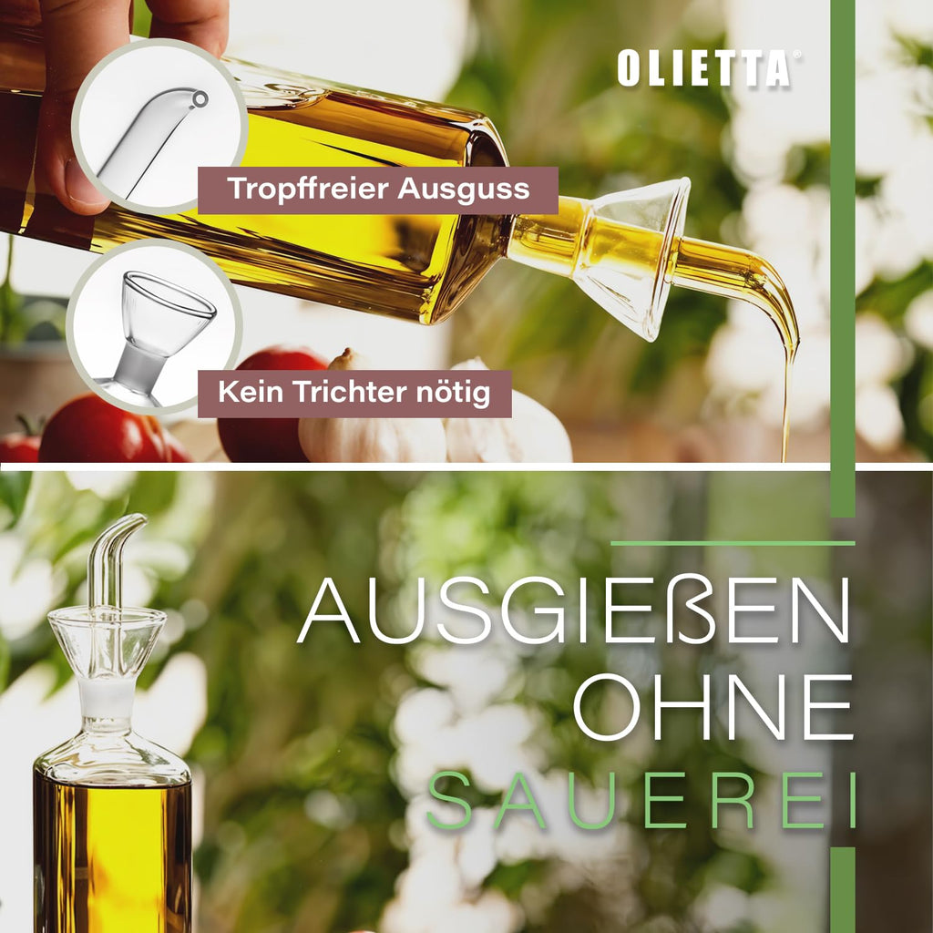Olietta Ölflasche Tropf- und auslaufsichere aus Glas 500 ml Olivenöl Flasche mit Ausgießer - Ölspender zum Ausgießen & Träufeln - Leicht zu reinigen - Öl Dosierflasche