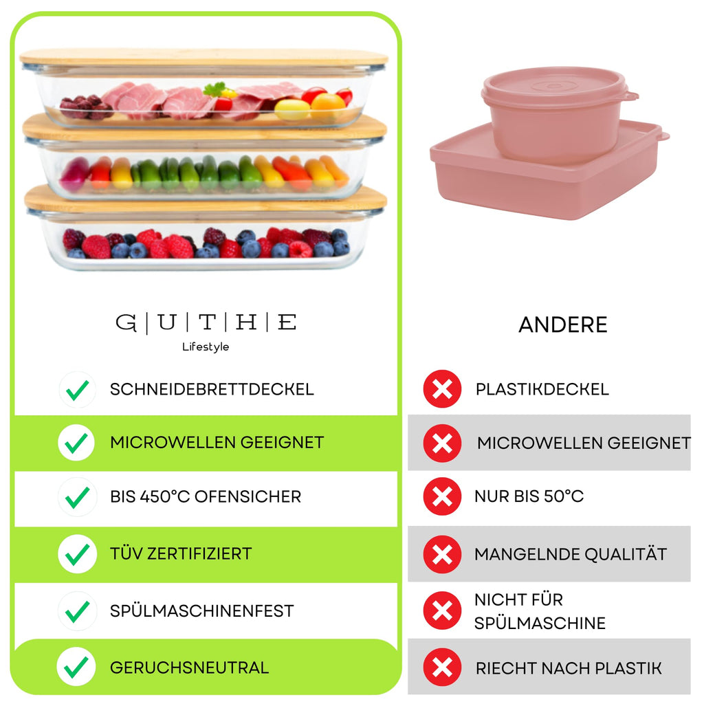 GUTHE Lifestyle Set of 3 Food Storage Boxes for Fridge Glass, Stackable Food Storage Containers with Wooden Lid, Casserole Dish Set, Sausage and Cheese Storage