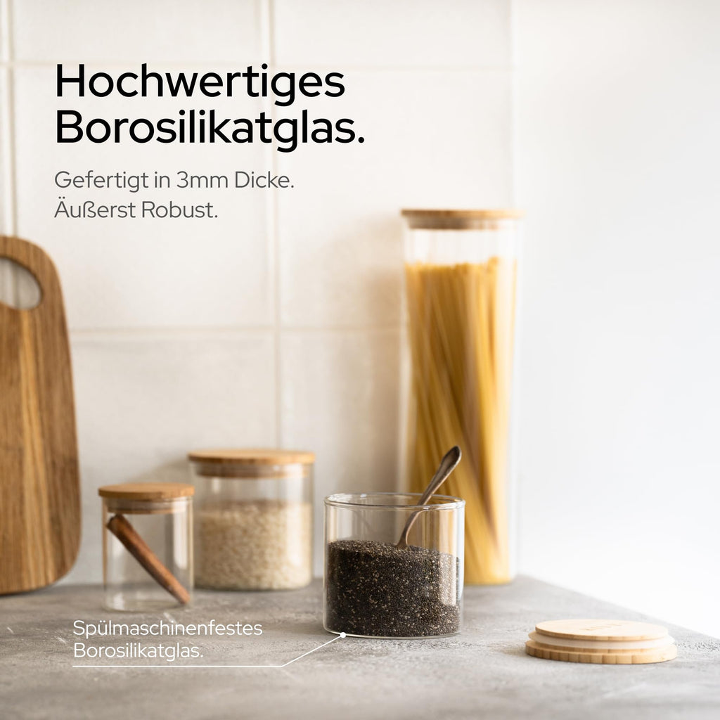 KIVY Vorratsgläser mit Deckel Luftdicht [4x 1200ml] - Vorratsdosen Glas mit Deckel - Glasbehälter mit Deckel - Müsli Aufbewahrung Küche - Vorratsglas mit Holzdeckel - Vorratsbehälter Glas Bambus