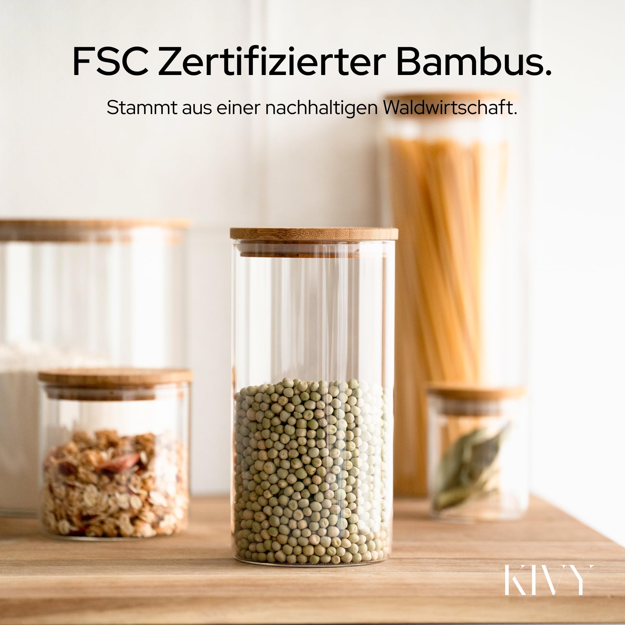 KIVY Vorratsgläser mit Deckel Luftdicht [4x 1200ml] - Vorratsdosen Glas mit Deckel - Glasbehälter mit Deckel - Müsli Aufbewahrung Küche - Vorratsglas mit Holzdeckel - Vorratsbehälter Glas Bambus