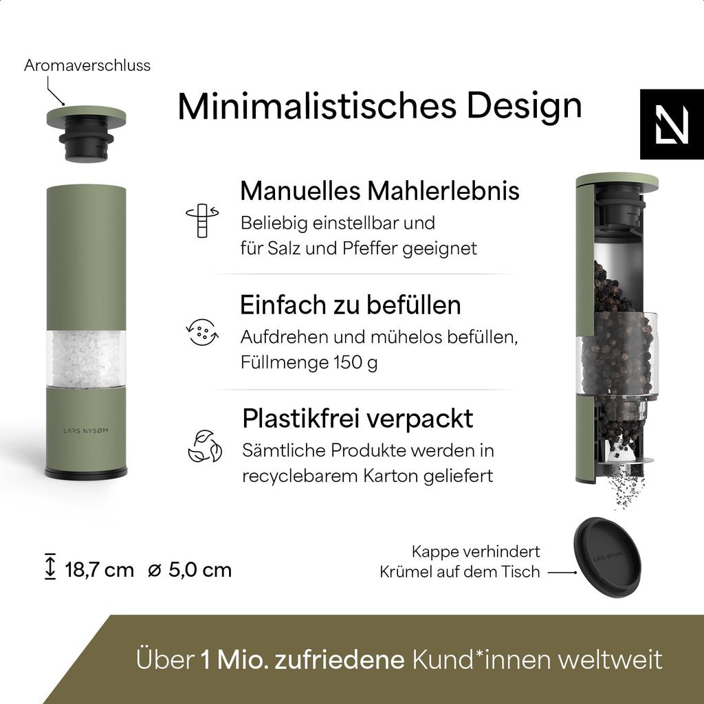LARS NYSØM Salz und Pfeffermühle Set Manuell mit einstellbarem Keramikmahlwerk I Edelstahl Pfeffermühle und Salzmühle I Design Gewürzmühlen Set (2 Stück) (Carbon Black)
