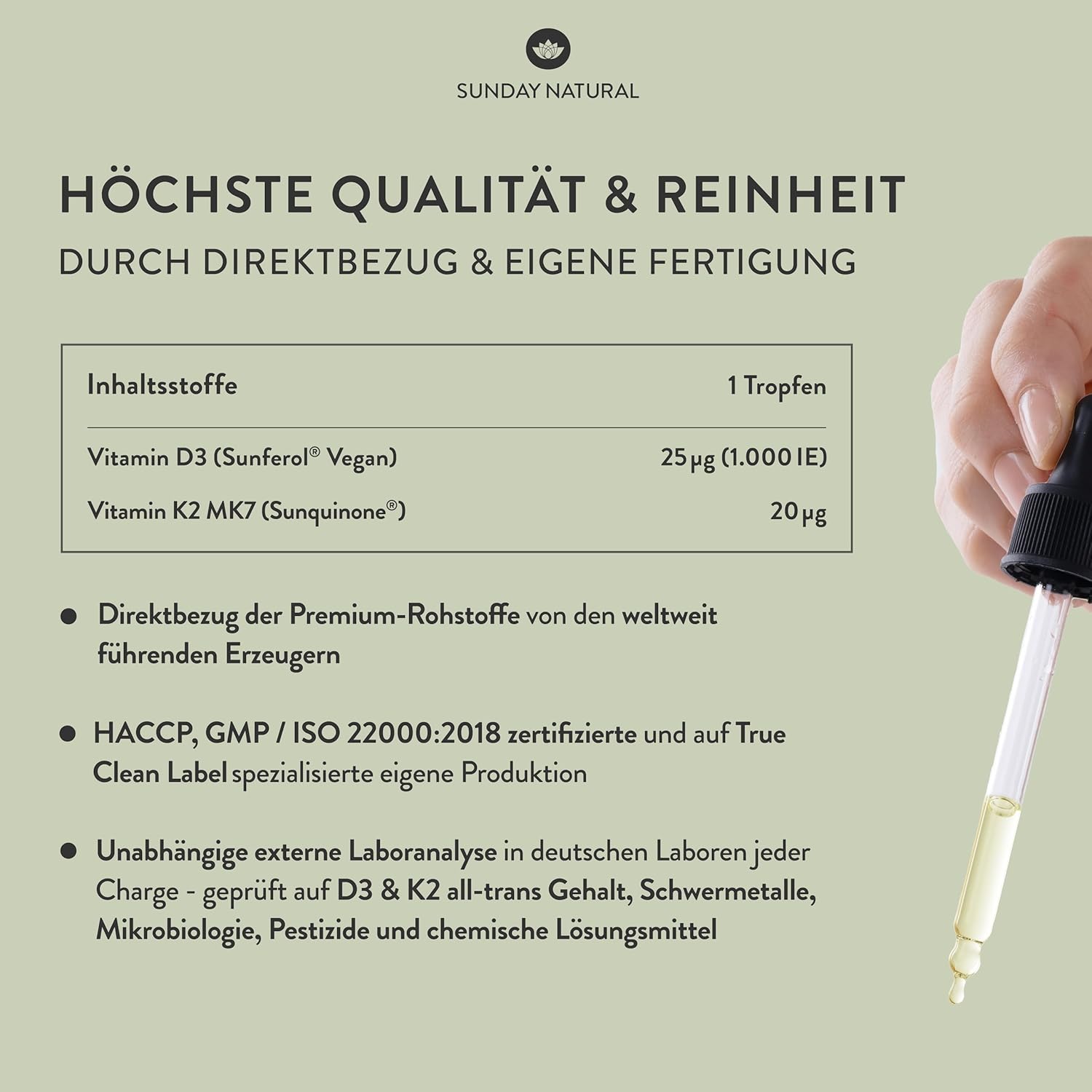 SUNDAY NATURAL Vitamin D3 K2 Drops High Dose - Vegan - Premium Vitamin D 3 1,000 IU + K2-MK7 ≥99.8% All-Trans 20µg - Optimal Bioavailability, No Other Additives, Laboratory Tested