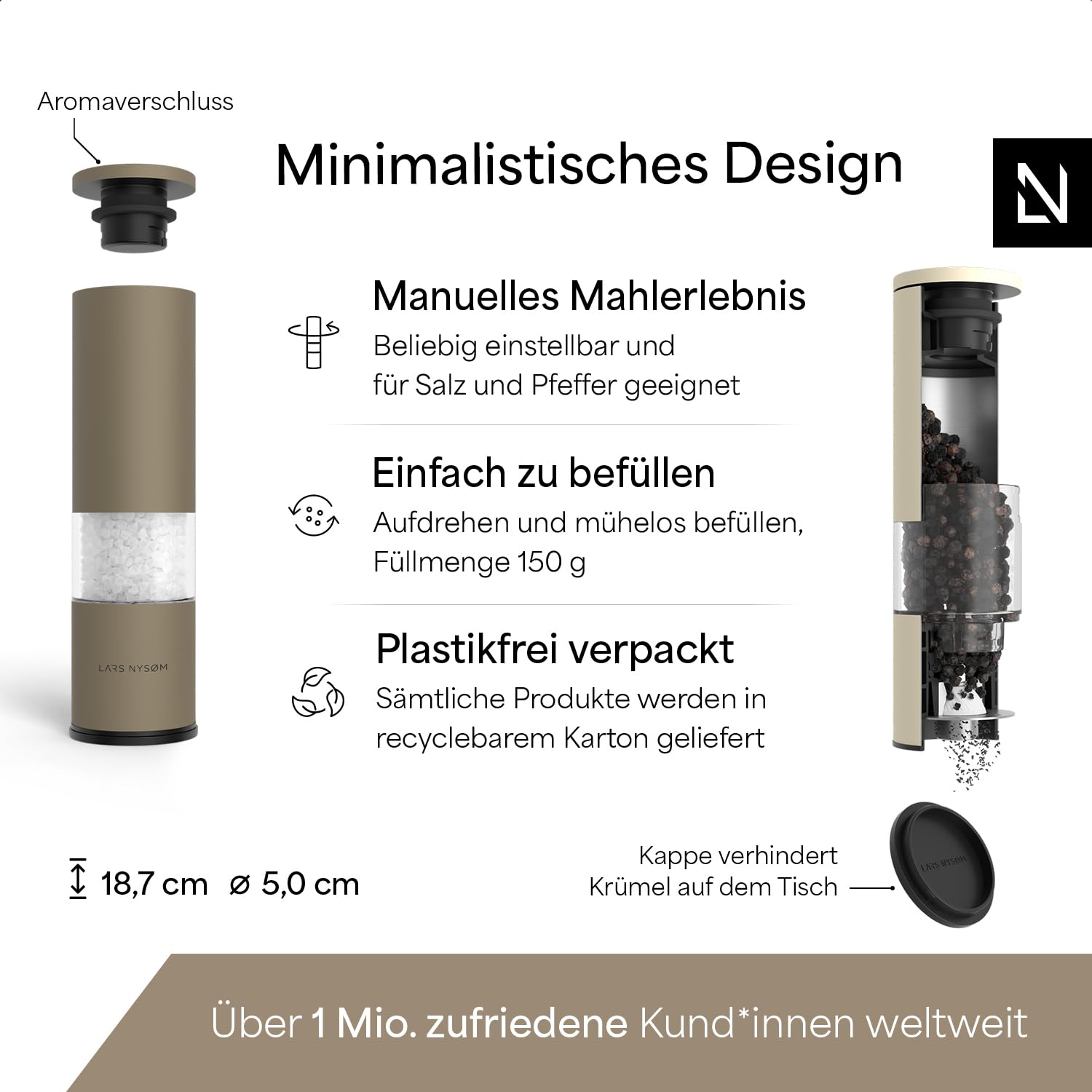 LARS NYSØM Salz und Pfeffermühle Set Manuell mit einstellbarem Keramikmahlwerk I Edelstahl Pfeffermühle und Salzmühle I Design Gewürzmühlen Set (2 Stück) (Carbon Black)